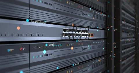 Close Up Modern Server In a Data Center. Futuristic 3D Render. Stock Illustration