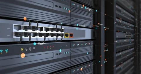 Close Up Modern Server In a Data Center. Futuristic 3D Render. 스톡 일러스트