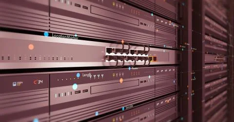Close Up Modern Server In a Data Center. Futuristic 3D Render. Stock Illustration