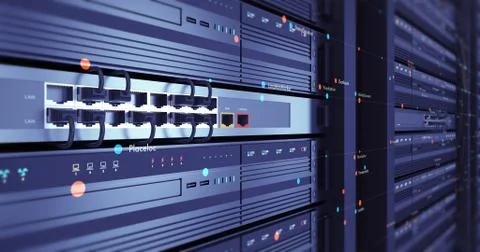 Close Up Modern Server In a Data Center. Futuristic 3D Render. Stock Illustration