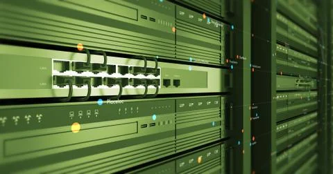 Close Up Modern Server In a Data Center. Futuristic 3D Render. Stock Illustration