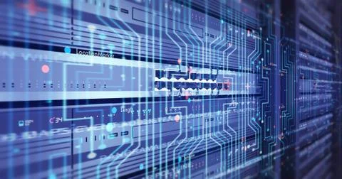 Close Up Modern Server In a Data Center. Futuristic 3D Render. イラスト素材