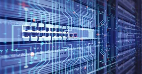 Close Up Modern Server In a Data Center. Futuristic 3D Render. Illustrazione stock