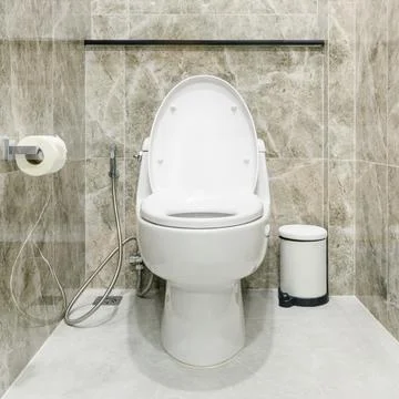 Close up modern style interior design of a flush toilet in bathroom Stock Photos