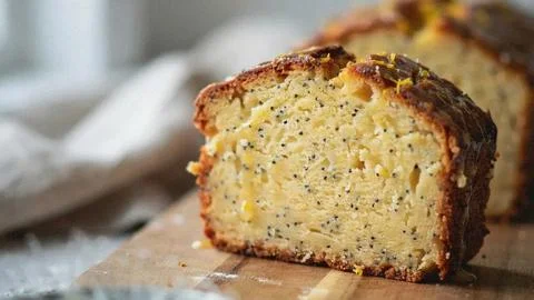 Close-up of a moist banana bread slice with visible nuts on a wooden board in Stockfoto's