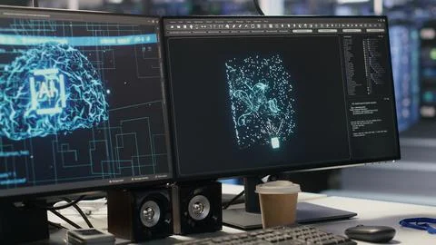 Close up of monitors in data center office overseeing hardware Stockfoto's