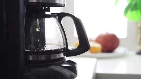 Close up morning cup working coffee maker filtration restaurant mug on Stock Footage 336585311