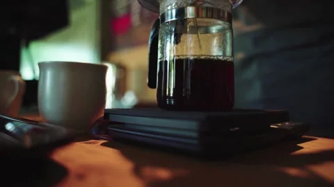Close up morning cup working coffee maker filtration restaurant mug on Video stock 336585313