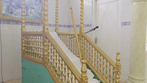 Close-up of mosque pulpit and prayer area interior in Ngafan Stock Footage 332652948