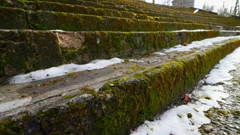 Close-up of moss-covered stone stairs with patches of melting snow and ice Stock Footage 333414378