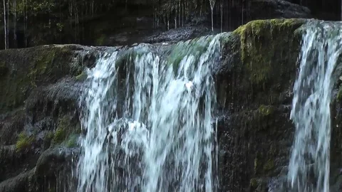 Close-up of mossy waterfall top Stock Footage 92576518