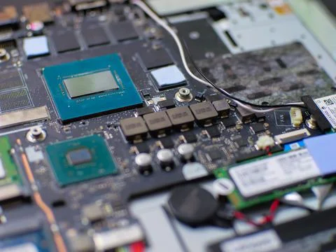 Close up of motherboard with processor, ram and electronic components Stockfoto's