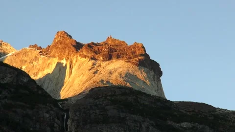 Close up motion view on Patagonian mountain Cuernos in national park Torres del Stock Footage 264352546