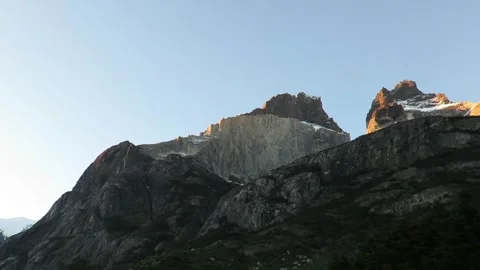 Close up motion view on Patagonian mountain Cuernos in national park Torres del Stock Footage 264353431