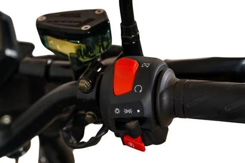 Close up of motorcycle handlebar with red engine kill switch and control pa.. Stock Photos