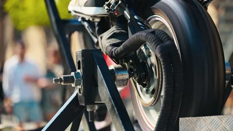 Close Up of Motorcycle Wheel Acceleration in Slow Motion for an Exciting Thrill 스톡 동영상 277581945