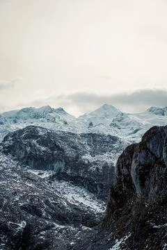 Close up of the mountain range during winter with snow and copy space Stock Photos