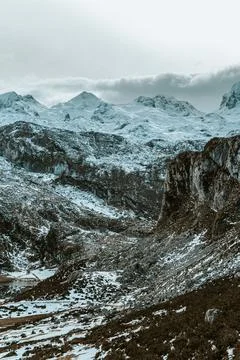 Close up of the mountain range during winter with snow and copy space Stock Photos