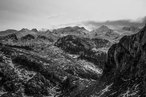 Close up of the mountain range during winter with snow and copy space in bl.. Stock Photos