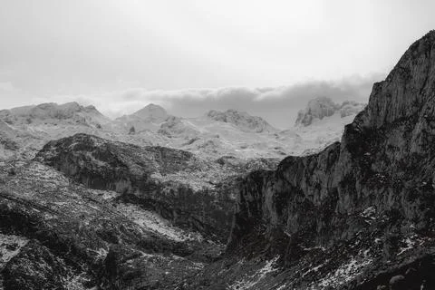 A close up of the mountain range during winter with snow and copy space in .. Stock Photos