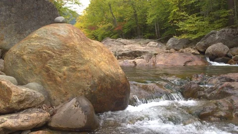 CLOSE UP: Mountain stream cascading over rocks into river pool in autumn forest Stock Footage 80691914