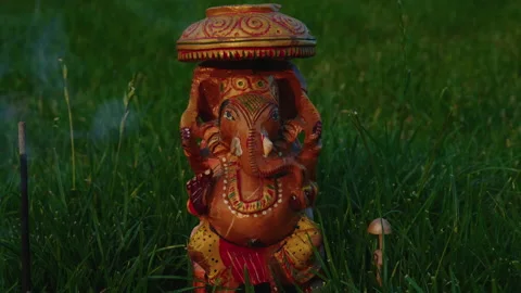 Close-up, a move backwards, Deity Sri Ganesha from sandalwood stands on green Stock Footage 212522706