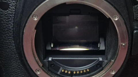 The close-up movement of the DSLR camera's shutter mirror, moving up and down Stock Footage 330273012