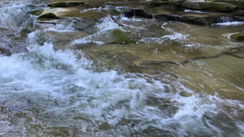 Close-up moving footage of a mountain stream or river, water flows between the Stock Footage 285345106