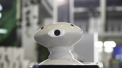 Close up of the moving humanoid robot with a camera on his head. Media. New Stock Photos