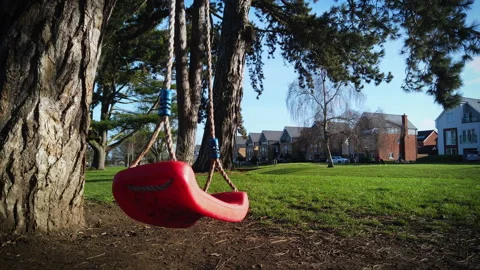 Close up of moving lonely red plastic swing during the covid 19 pandemic.  4k Stock Footage 147902398