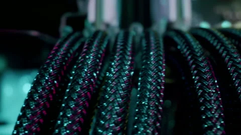 Close-up moving macro shot of the coil of black cable in gaming computer Stockbeeldmateriaal 203961002