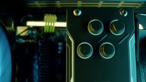 Close-up moving macro shot of the coolers and the heatsink in gaming computer Stock Footage 203963236