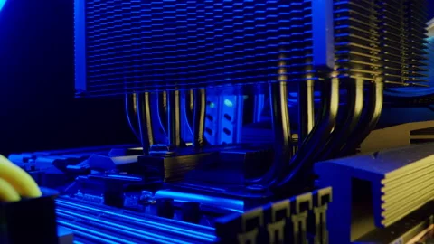 Close-up moving macro shot of the heatsink in a powerful gaming computer Stock Footage 202653934