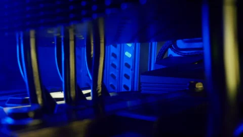 Close-up moving macro shot of the heatsink in gaming computer with steam around Видео 203961037