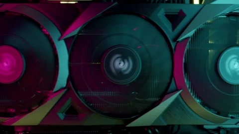 Close-up moving macro shot of video graphic card and coolers in gaming computer Stock Footage 203960982