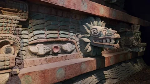 Close-Up Moving Past Serpent Head Carvings, Mexico 8K Stock Footage 340368106