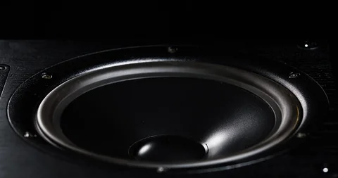 CLOSE UP moving sub-woofer music speakers vibrating membrane Stock Footage 119757989