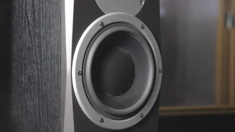 Close up of moving sub-woofer on recording studio. Black round audio speaker Stock Footage 329162348