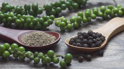 Close-up moving view of black peppercorns and ground pepper in wooden spoons Vídeos de archivo 348550914