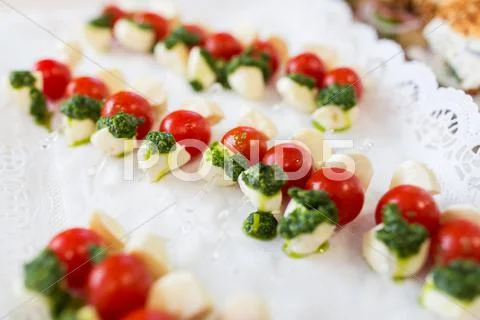 Close up of mozzarella and cherry tomato canape Stock Photos