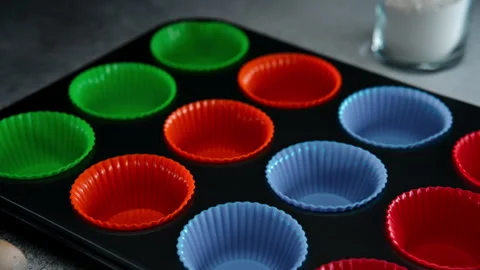Close Up of Muffin Pan With Cupcake Tins Stock Footage 273700455