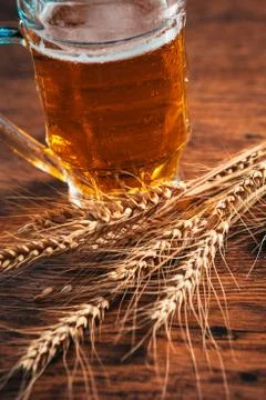 Close-up mug of light beer with ears of wheat on the wooden table Stock Photos