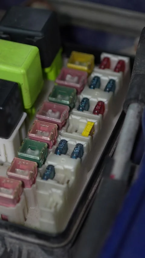 Close-up of multi colored fuses and relays inside fuse box. Stock Footage 345913612