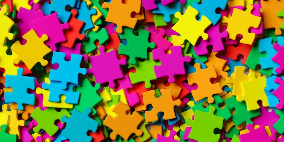 Close up of multi colored jigsaw puzzle pieces background heap flat lay top.. Stock Illustration