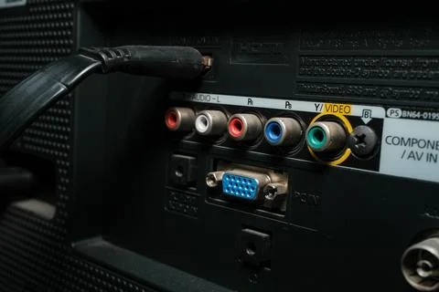 Close-up of multi-colored video input ports on a monitor Stock Photos