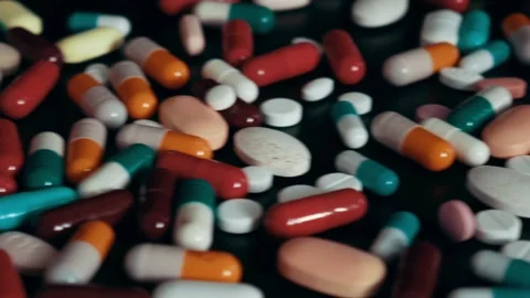 Close up of multicolor pills and capsules on a black table Stock Footage 105853355