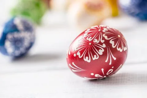 Close-up multicolored easter eggs on wooden table Stock Photos