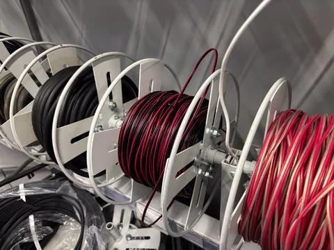 Close up of multicolored electric wire spools in red and black colors for i.. Stock-Fotos