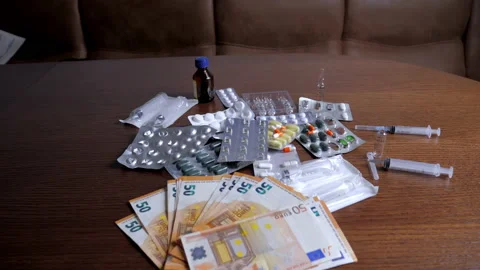 Close up of multicolored pills of different shapes on money background Stock Footage 152829523