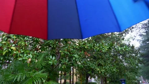 Close-up. multicolored rainbow umbrella on a background of rain in a park with Stock-Footage 148320094